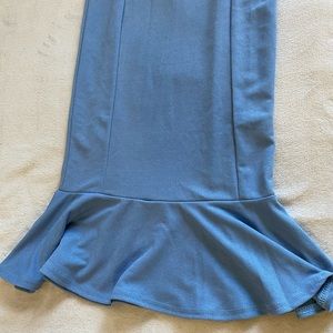 dusty blue bardot frill hem midi dress